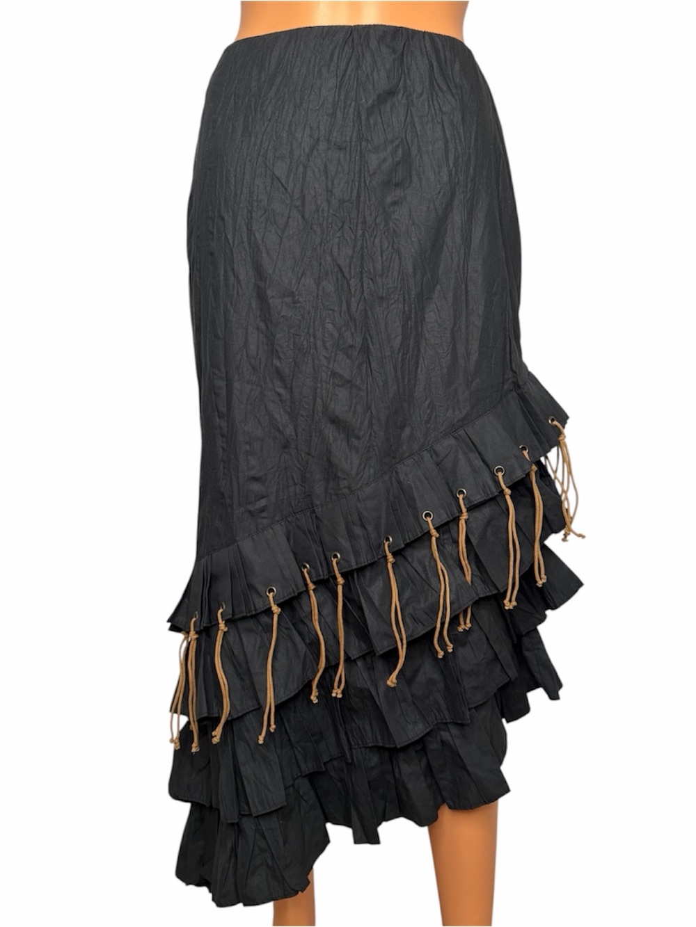 Vintage Y2K Romantic Black Asymmetrical Tiered Ruffle Maxi Skirt Tassel Grommet